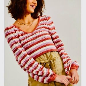New Altar’d State‎ Briella Striped Knit Sweater crochet crop red peach white m